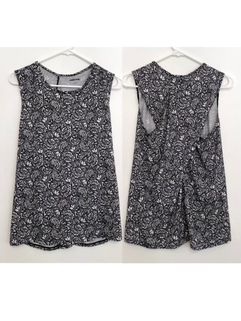 LANDS' END Light Gray Black Floral Sleeveless Crossback Layered Back Active Tank